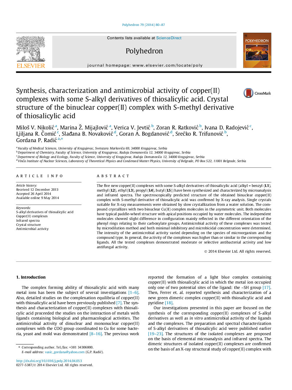 Synthesis, characterization and antimicrobial activity of copper(II) complexes with some S-alkyl derivatives of thiosalicylic acid. Crystal structure of the binuclear copper(II) complex with S-methyl derivative of thiosalicylic acid