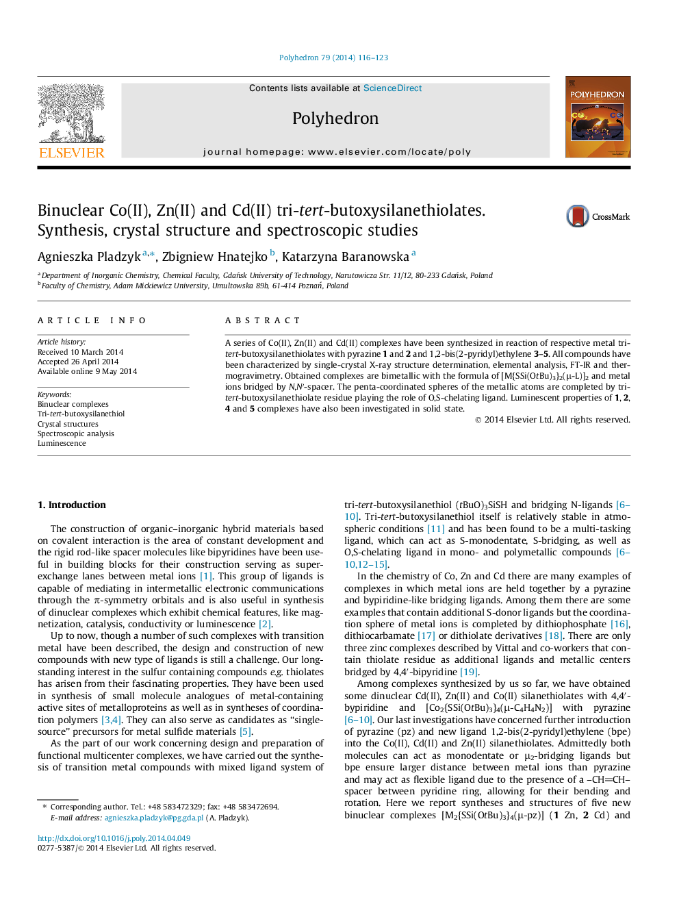 Binuclear Co(II), Zn(II) and Cd(II) tri-tert-butoxysilanethiolates. Synthesis, crystal structure and spectroscopic studies