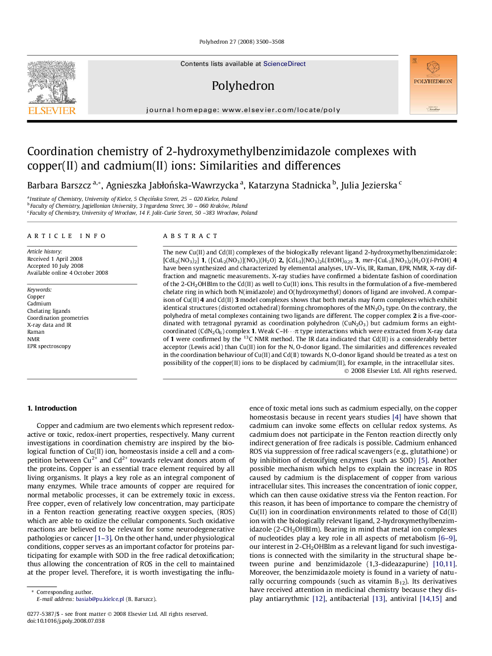 Coordination chemistry of 2-hydroxymethylbenzimidazole complexes with copper(II) and cadmium(II) ions: Similarities and differences