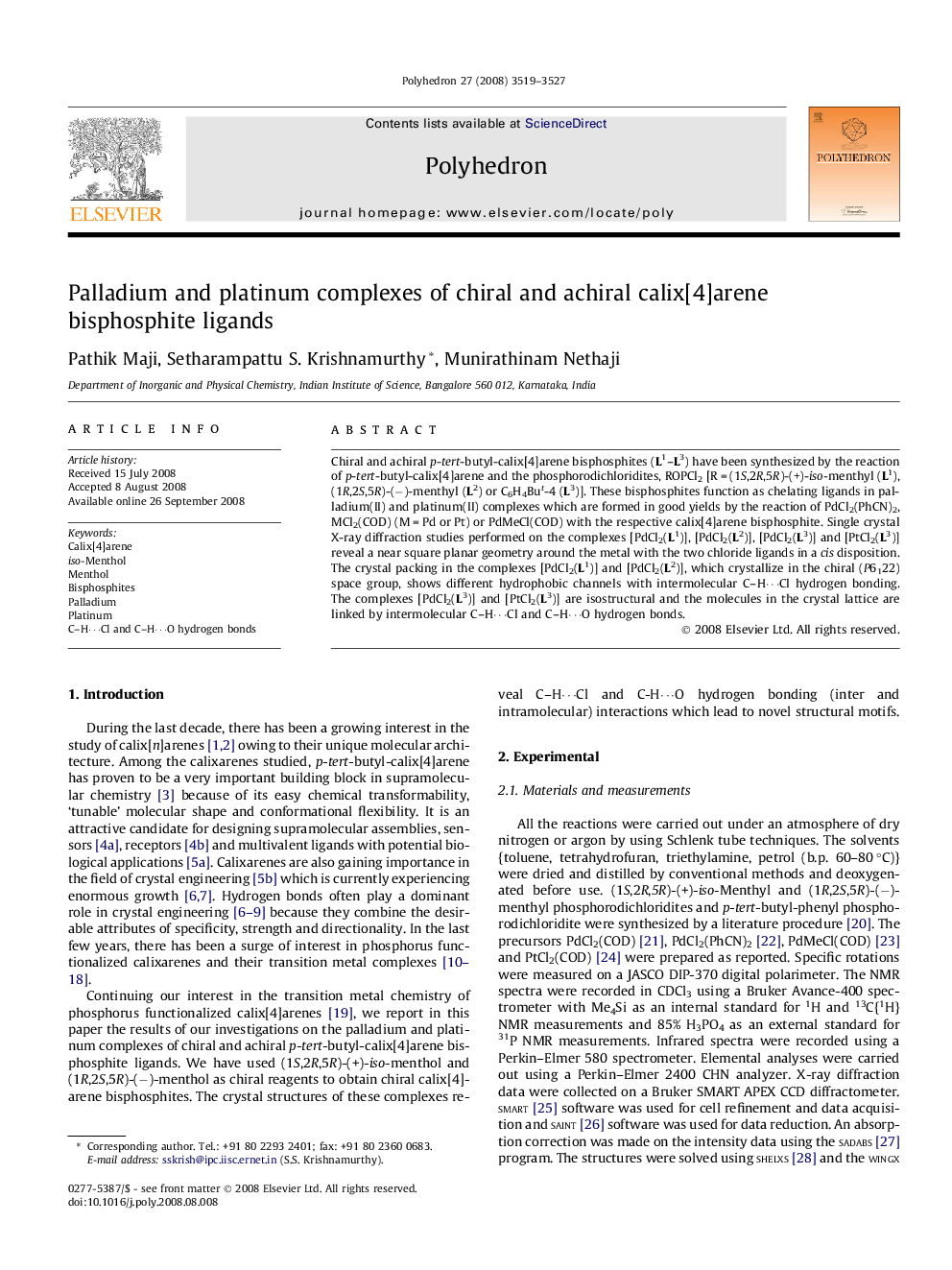 Palladium and platinum complexes of chiral and achiral calix[4]arene bisphosphite ligands