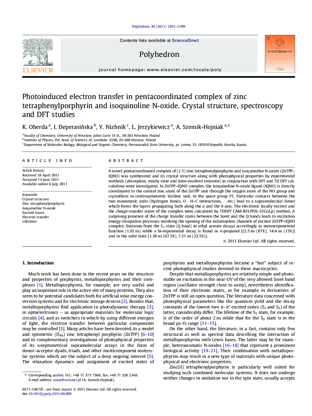 عکس صفحه اول مقاله: Photoinduced electron transfer in pentacoordinated complex of zinc tetraphenylporphyrin and isoquinoline N-oxide. Crystal structure, spectroscopy and DFT studies Photoinduced electron transfer in pentacoordinated complex of zinc tetraphenylporphyrin and isoquinoline N-oxide. Crystal structure, spectroscopy and DFT studies