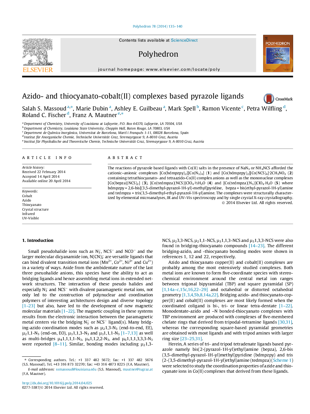 Azido- and thiocyanato-cobalt(II) complexes based pyrazole ligands