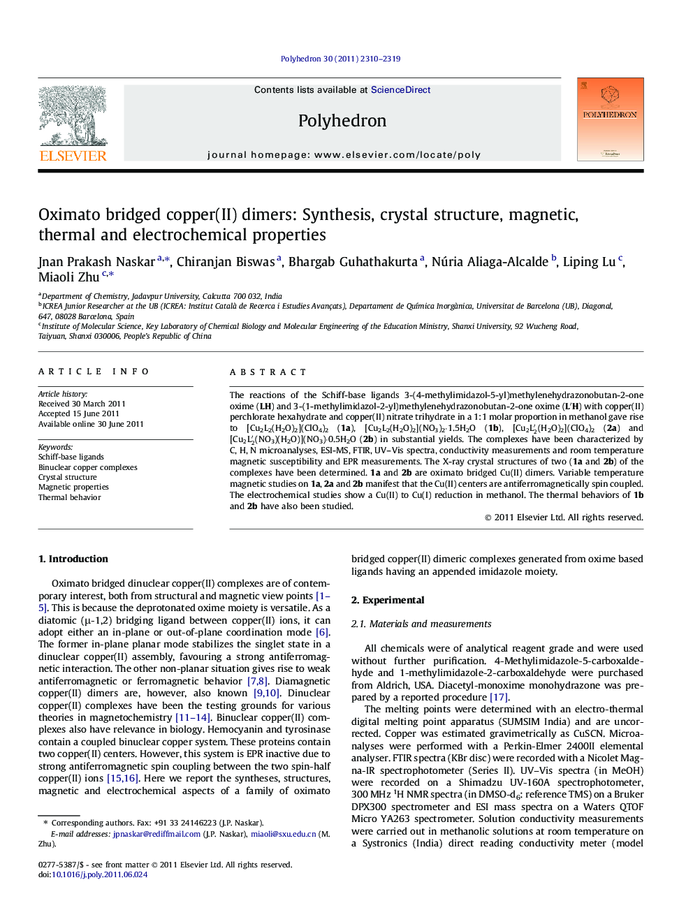 Oximato bridged copper(II) dimers: Synthesis, crystal structure, magnetic, thermal and electrochemical properties