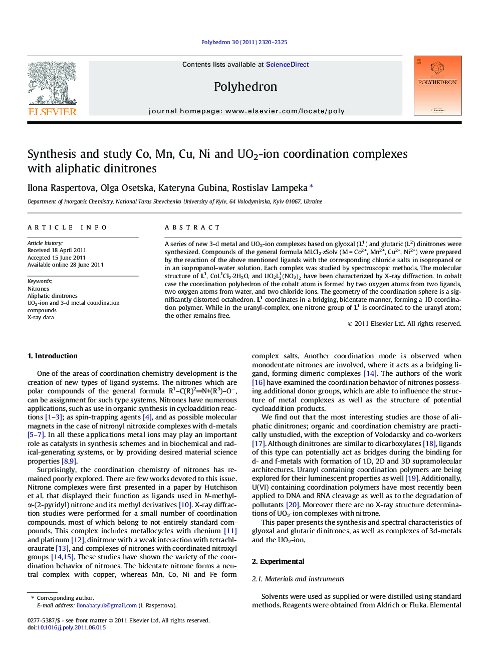 Synthesis and study Co, Mn, Cu, Ni and UO2-ion coordination complexes with aliphatic dinitrones