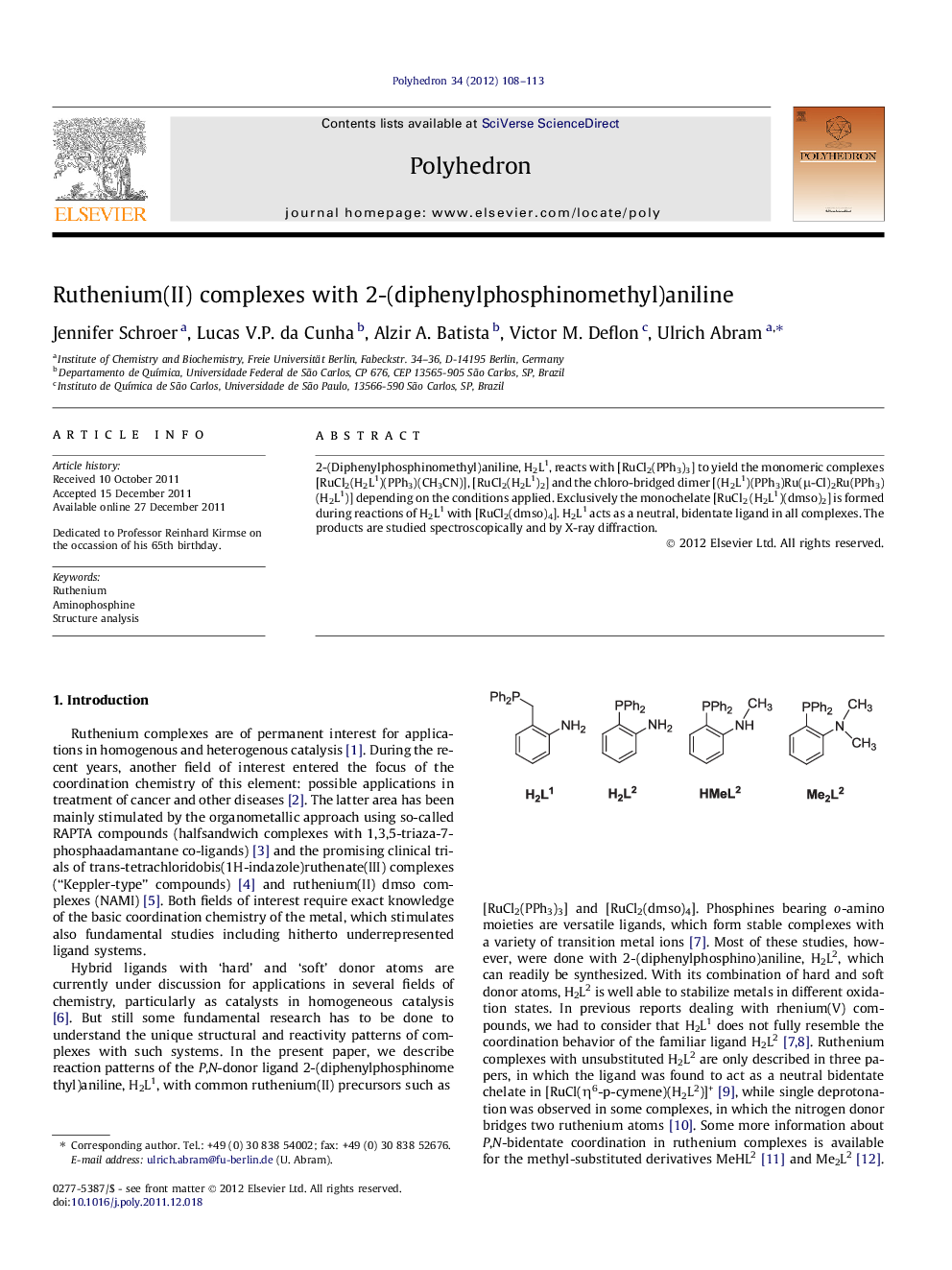 Ruthenium(II) complexes with 2-(diphenylphosphinomethyl)aniline