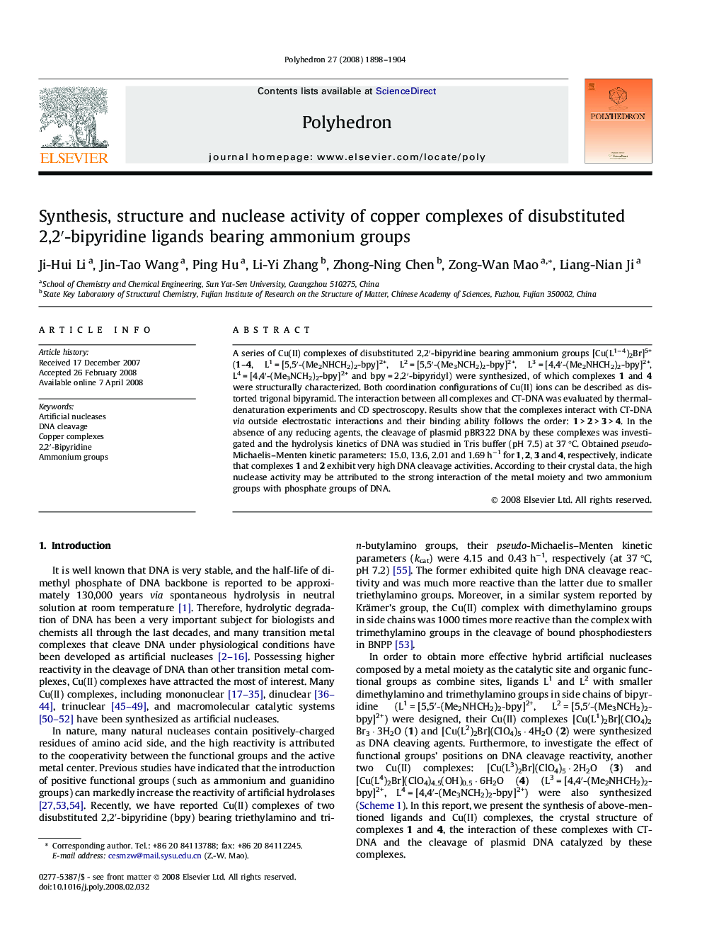 Synthesis, structure and nuclease activity of copper complexes of disubstituted 2,2′-bipyridine ligands bearing ammonium groups