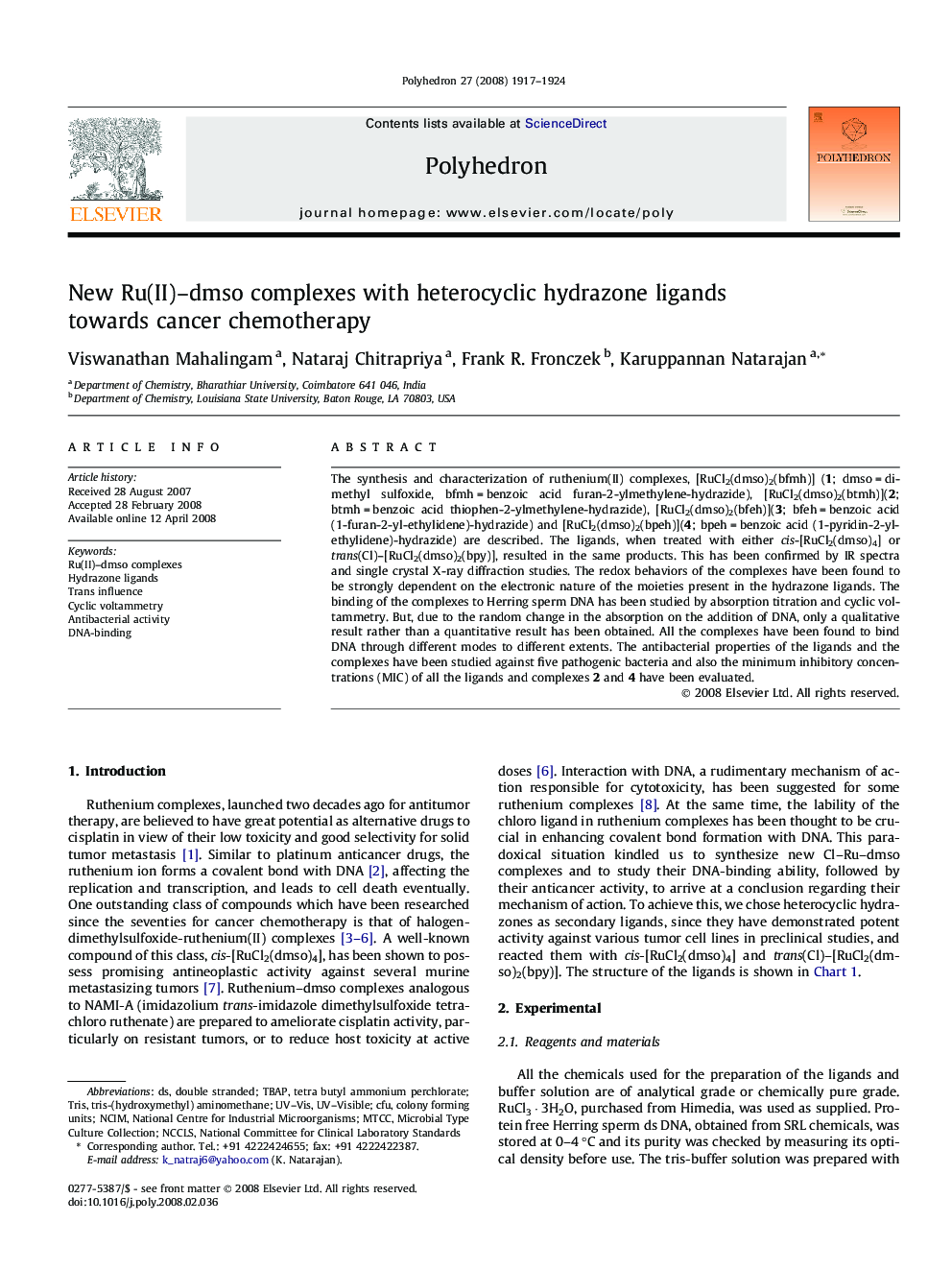 New Ru(II)–dmso complexes with heterocyclic hydrazone ligands towards cancer chemotherapy