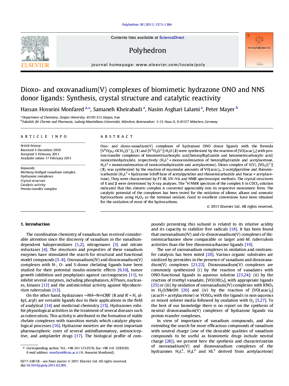 Dioxo- and oxovanadium(V) complexes of biomimetic hydrazone ONO and NNS donor ligands: Synthesis, crystal structure and catalytic reactivity