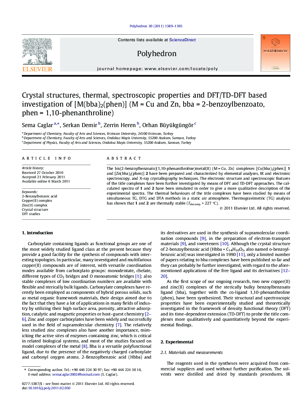 Crystal structures, thermal, spectroscopic properties and DFT/TD-DFT based investigation of [M(bba)2(phen)] (M = Cu and Zn, bba = 2-benzoylbenzoato, phen = 1,10-phenanthroline)