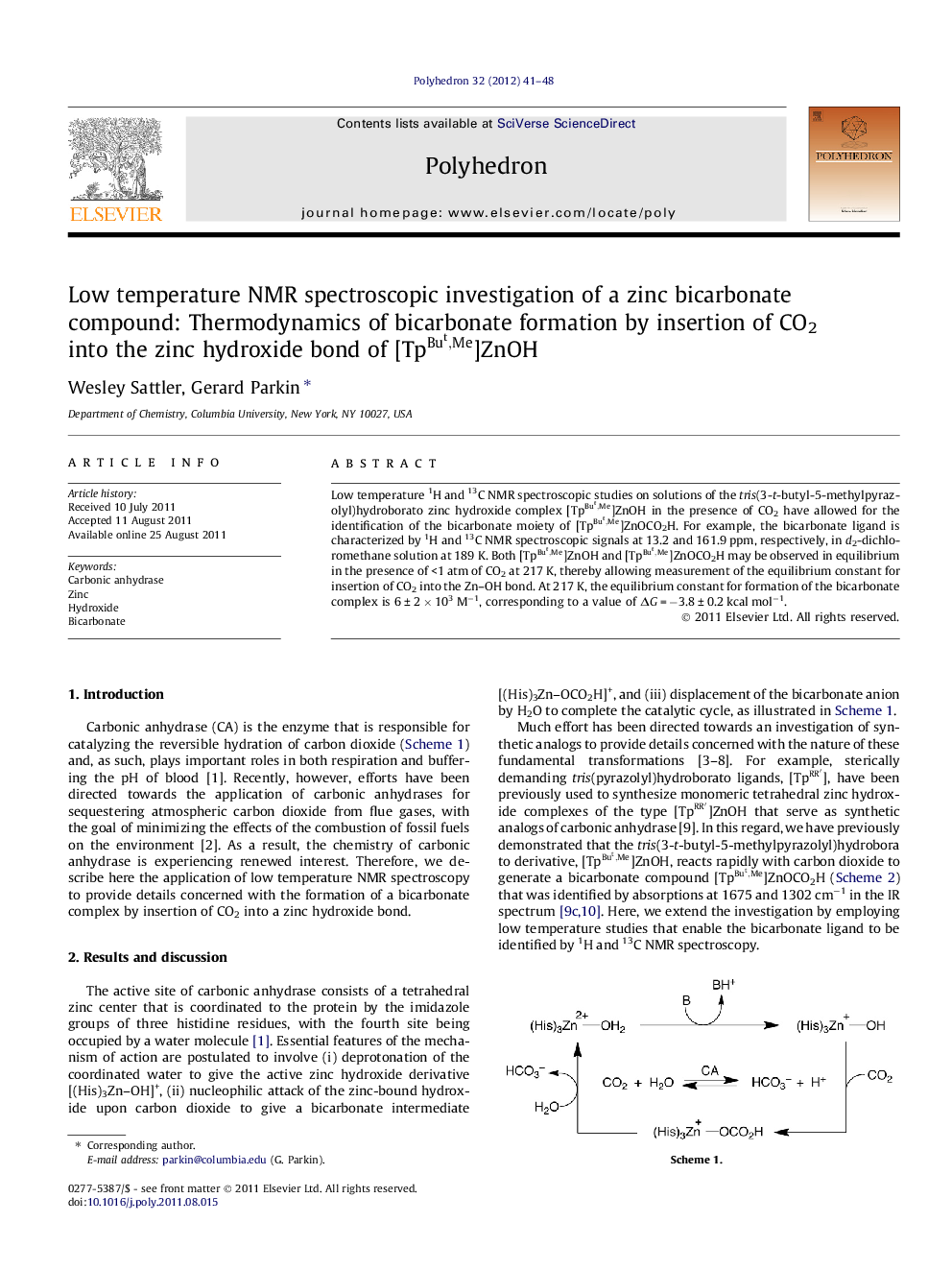 Low temperature NMR spectroscopic investigation of a zinc bicarbonate compound: Thermodynamics of bicarbonate formation by insertion of CO2 into the zinc hydroxide bond of [TpBut,MeTpBut,Me]ZnOH