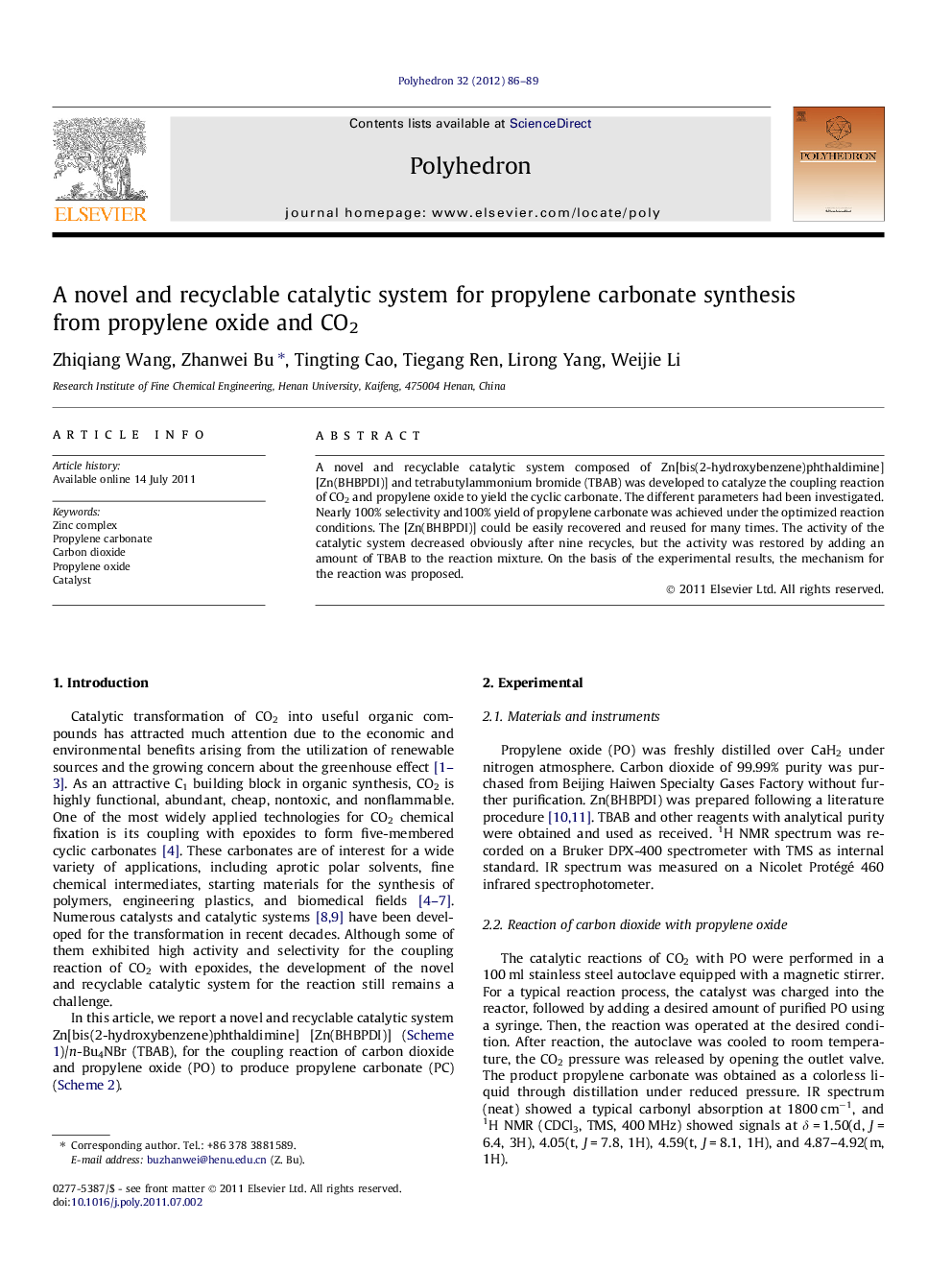 A novel and recyclable catalytic system for propylene carbonate synthesis from propylene oxide and CO2