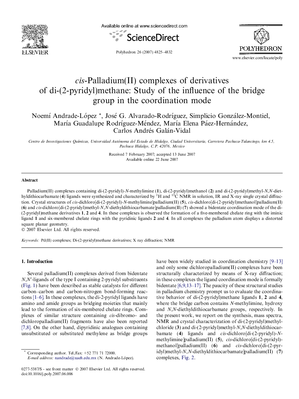 عکس صفحه اول مقاله: cis-Palladium(II) complexes of derivatives of di-(2-pyridyl)methane: Study of the influence of the bridge group in the coordination mode cis-Palladium(II) complexes of derivatives of di-(2-pyridyl)methane: Study of the influence of the bridge group in the coordination mode
