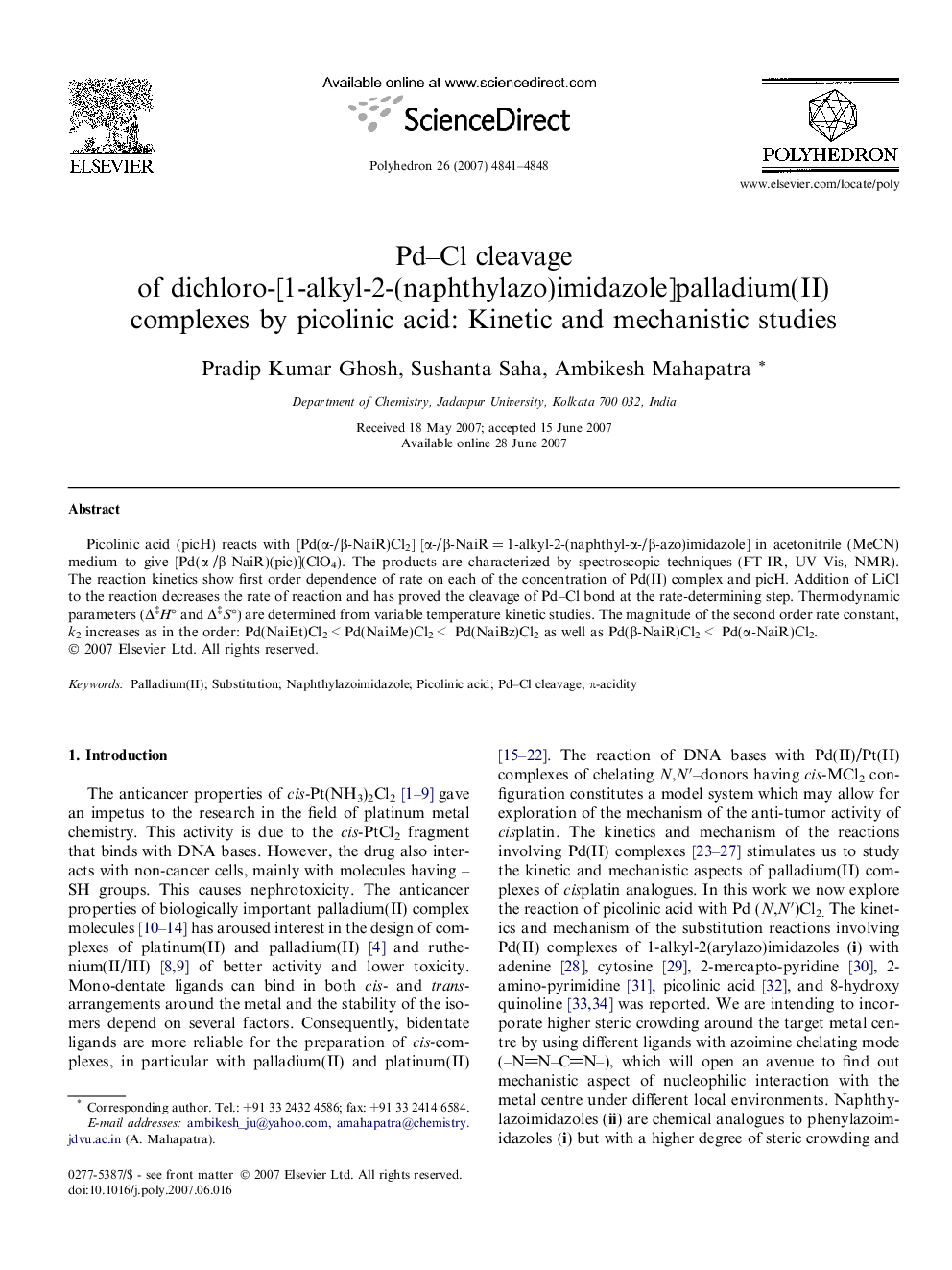 Pd–Cl cleavage of dichloro-[1-alkyl-2-(naphthylazo)imidazole]palladium(II) complexes by picolinic acid: Kinetic and mechanistic studies