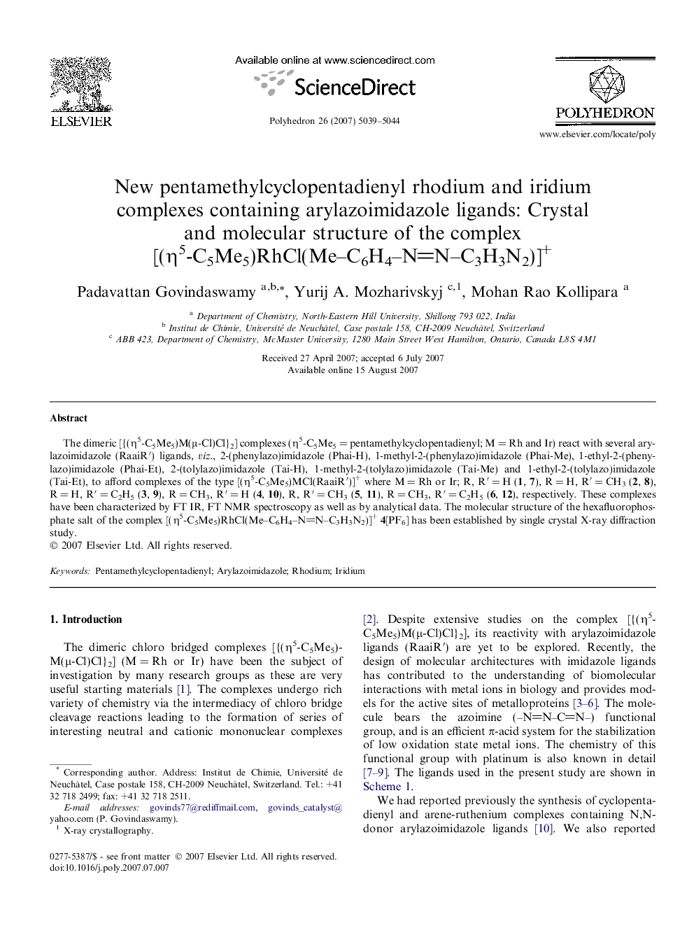 New pentamethylcyclopentadienyl rhodium and iridium complexes containing arylazoimidazole ligands: Crystal and molecular structure of the complex [(η5-C5Me5)RhCl(Me–C6H4–NN–C3H3N2)]+