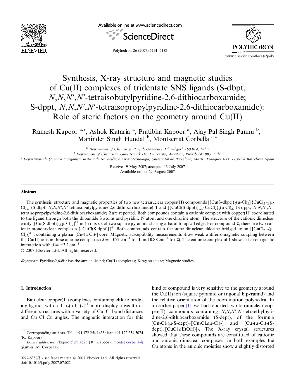 Synthesis, X-ray structure and magnetic studies of Cu(II) complexes of tridentate SNS ligands (S-dbpt, N,N,Nâ²,Nâ²-tetraisobutylpyridine-2,6-dithiocarboxamide; S-dppt, N,N,Nâ²,Nâ²-tetraisopropylpyridine-2,6-dithiocarboxamide): Role of steric factors o