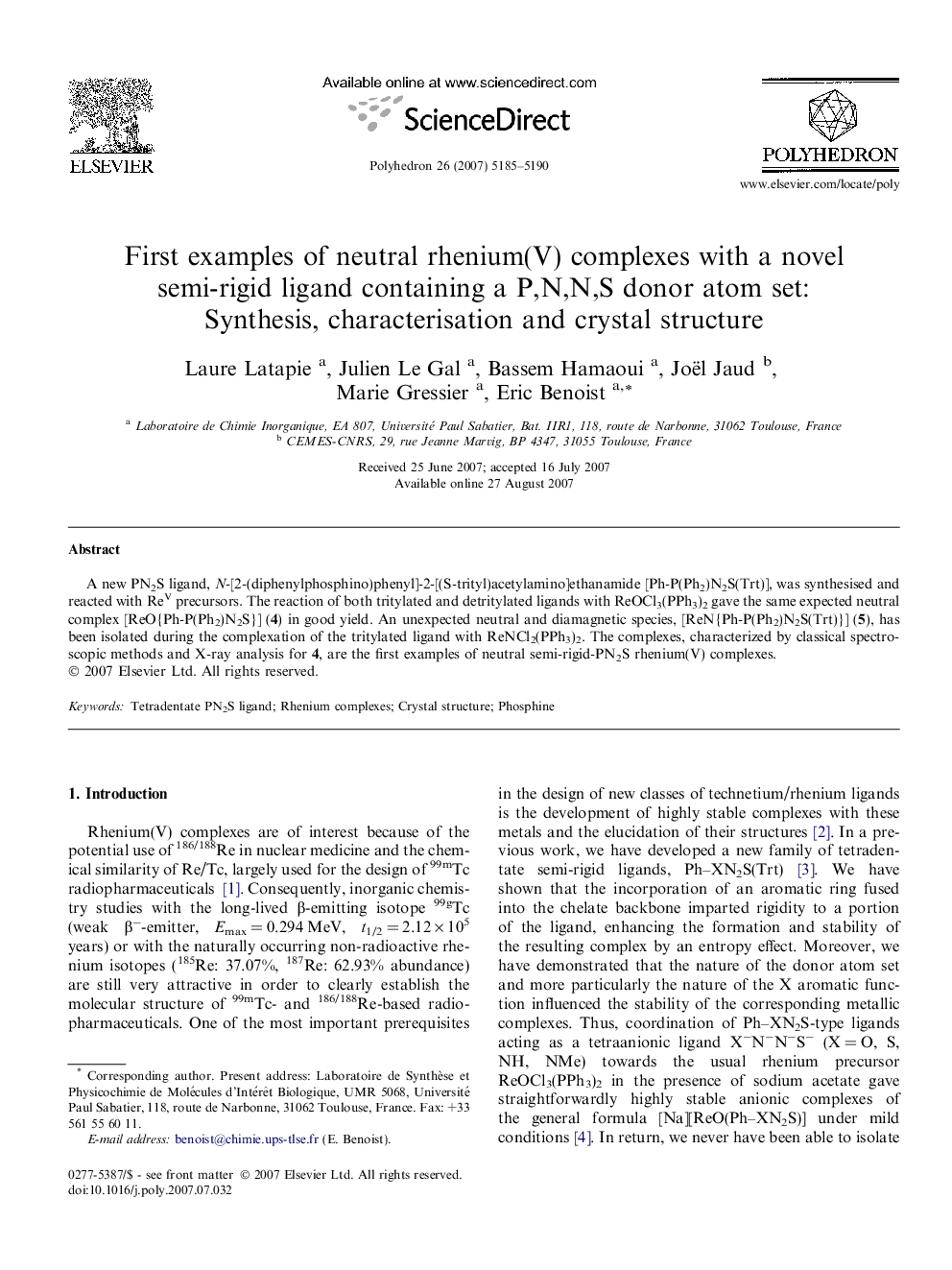 First examples of neutral rhenium(V) complexes with a novel semi-rigid ligand containing a P,N,N,S donor atom set: Synthesis, characterisation and crystal structure