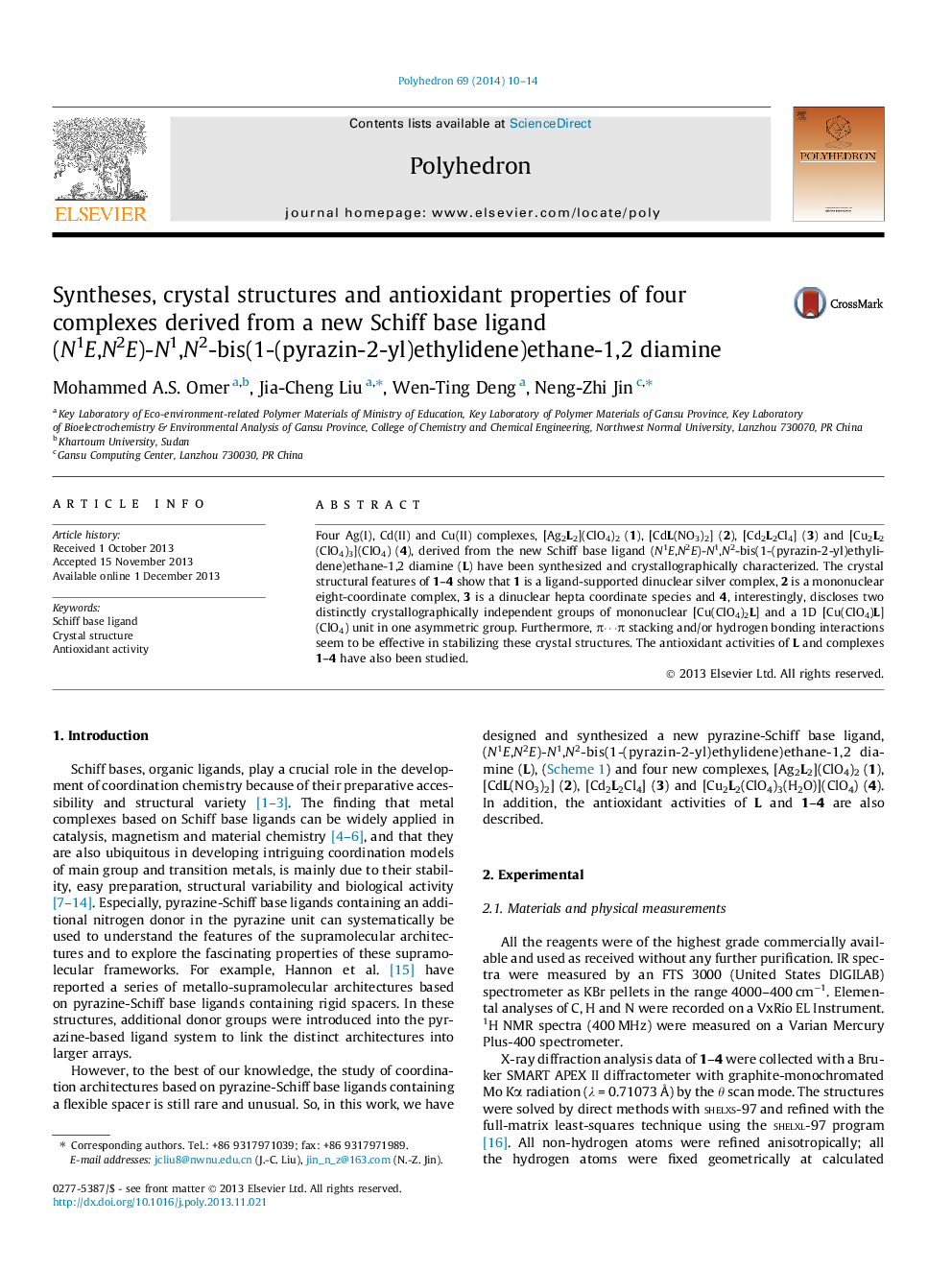 Syntheses, crystal structures and antioxidant properties of four complexes derived from a new Schiff base ligand (N1E,N2E)-N1,N2-bis(1-(pyrazin-2-yl)ethylidene)ethane-1,2 diamine