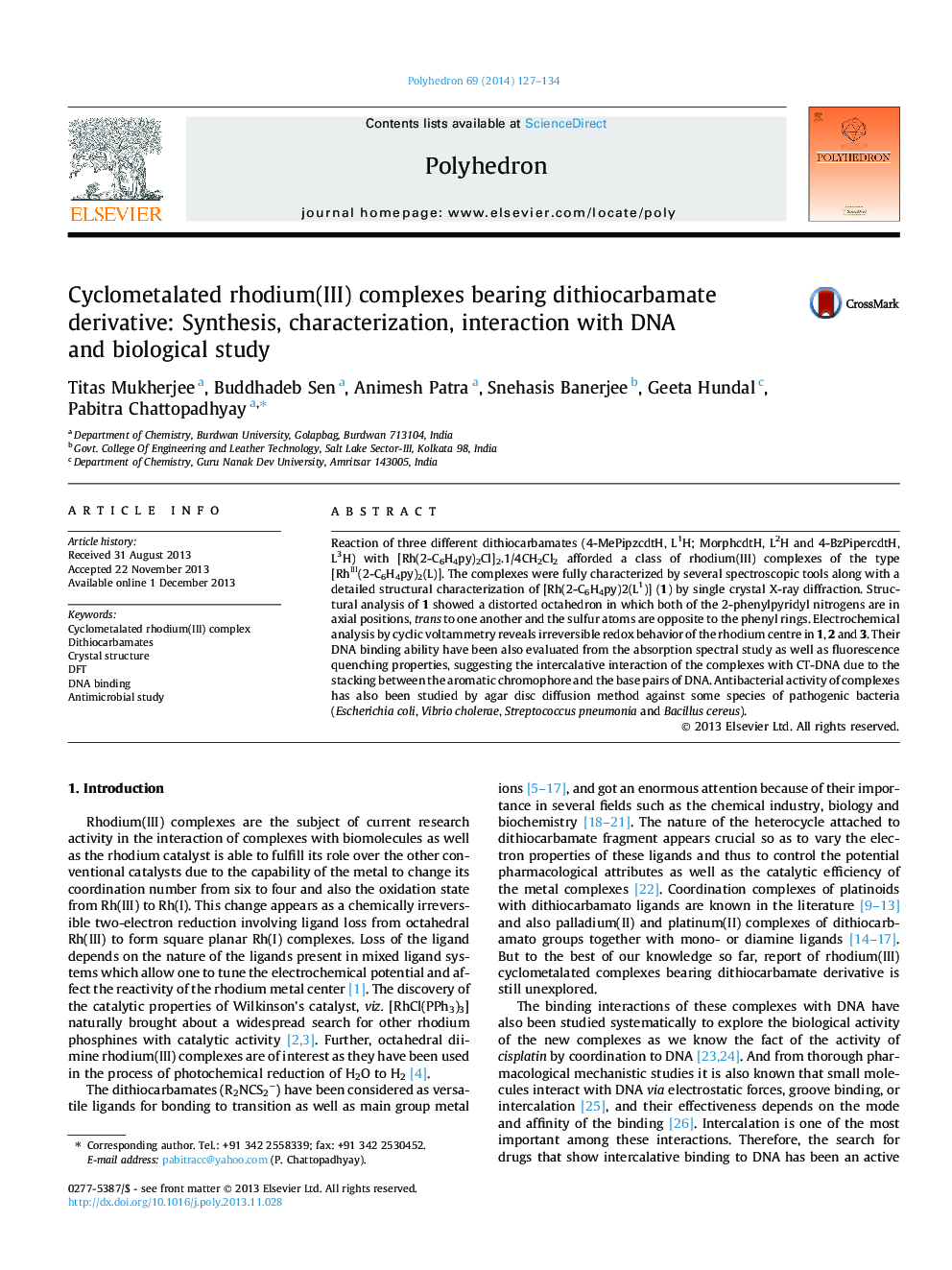 Cyclometalated rhodium(III) complexes bearing dithiocarbamate derivative: Synthesis, characterization, interaction with DNA and biological study