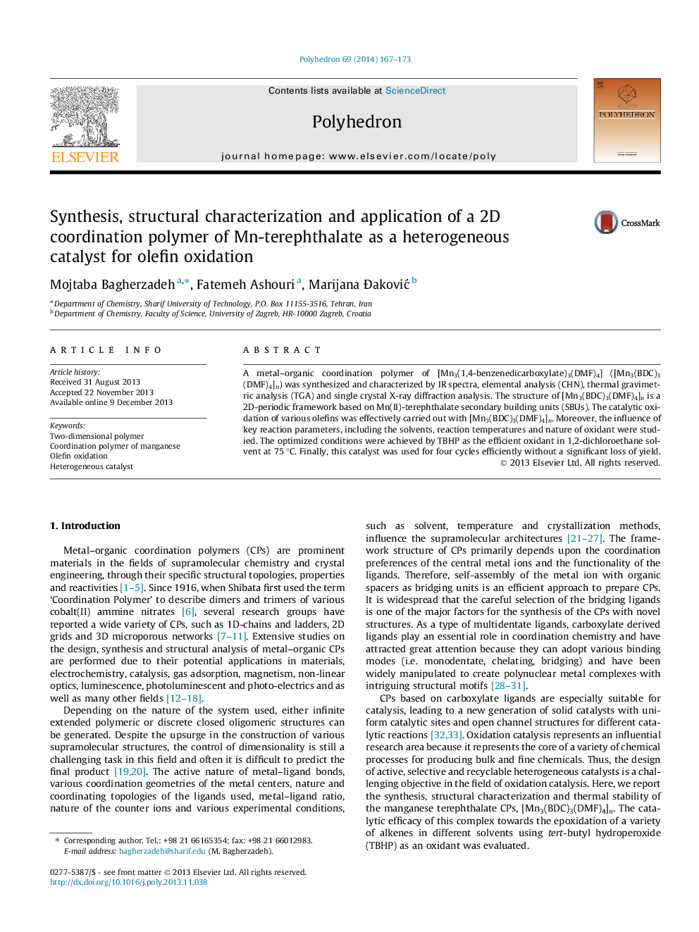 Synthesis, structural characterization and application of a 2D coordination polymer of Mn-terephthalate as a heterogeneous catalyst for olefin oxidation