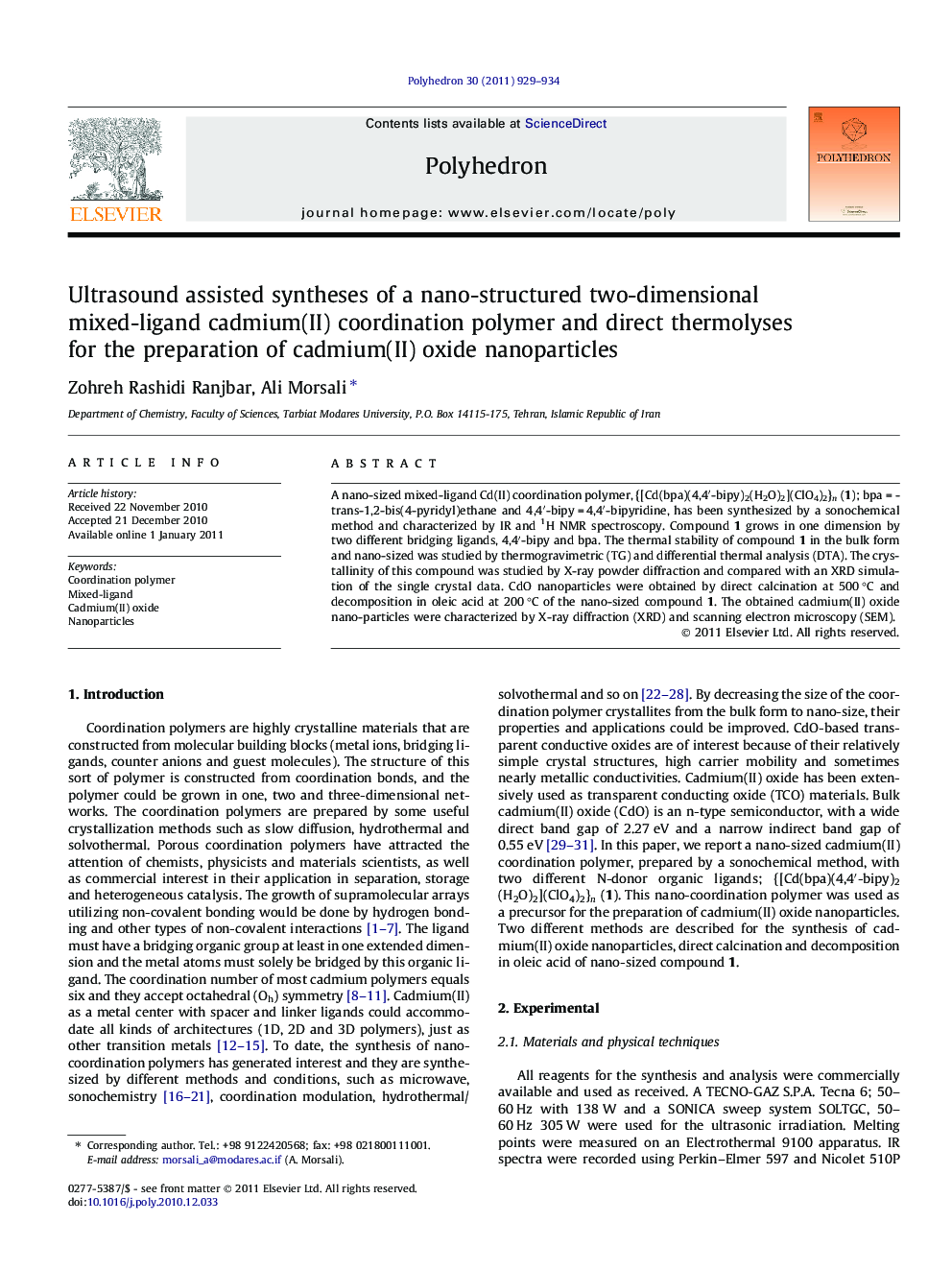 Ultrasound assisted syntheses of a nano-structured two-dimensional mixed-ligand cadmium(II) coordination polymer and direct thermolyses for the preparation of cadmium(II) oxide nanoparticles