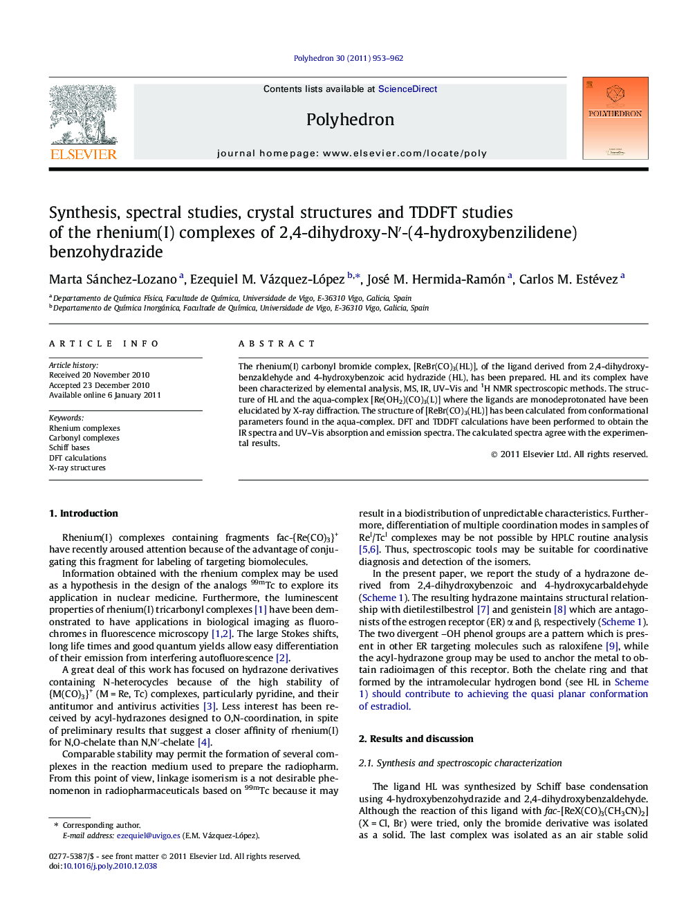 Synthesis, spectral studies, crystal structures and TDDFT studies of the rhenium(I) complexes of 2,4-dihydroxy-N′-(4-hydroxybenzilidene) benzohydrazide