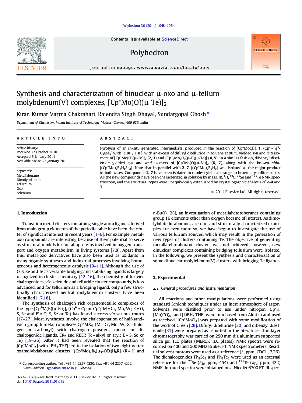 Synthesis and characterization of binuclear Î¼-oxo and Î¼-telluro molybdenum(V) complexes, [CpâMo(O)(Î¼-Te)]2