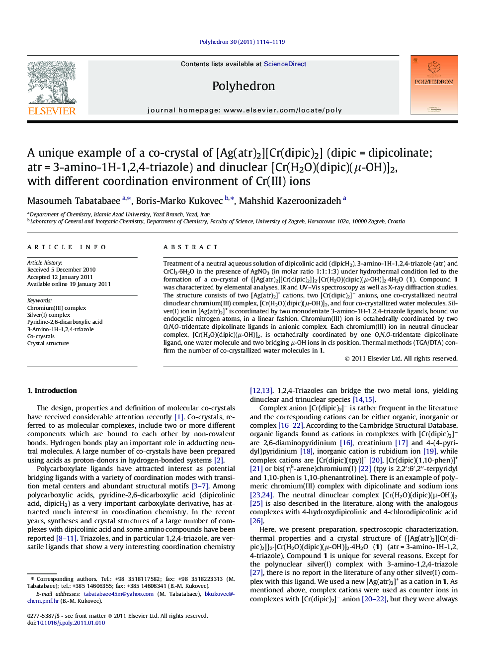 A unique example of a co-crystal of [Ag(atr)2][Cr(dipic)2] (dipic = dipicolinate; atr = 3-amino-1H-1,2,4-triazole) and dinuclear [Cr(H2O)(dipic)(μ-OH)]2, with different coordination environment of Cr(III) ions