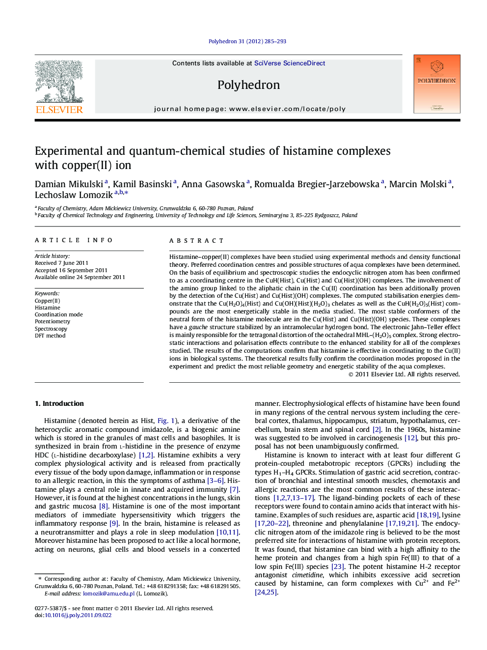 Experimental and quantum-chemical studies of histamine complexes with copper(II) ion