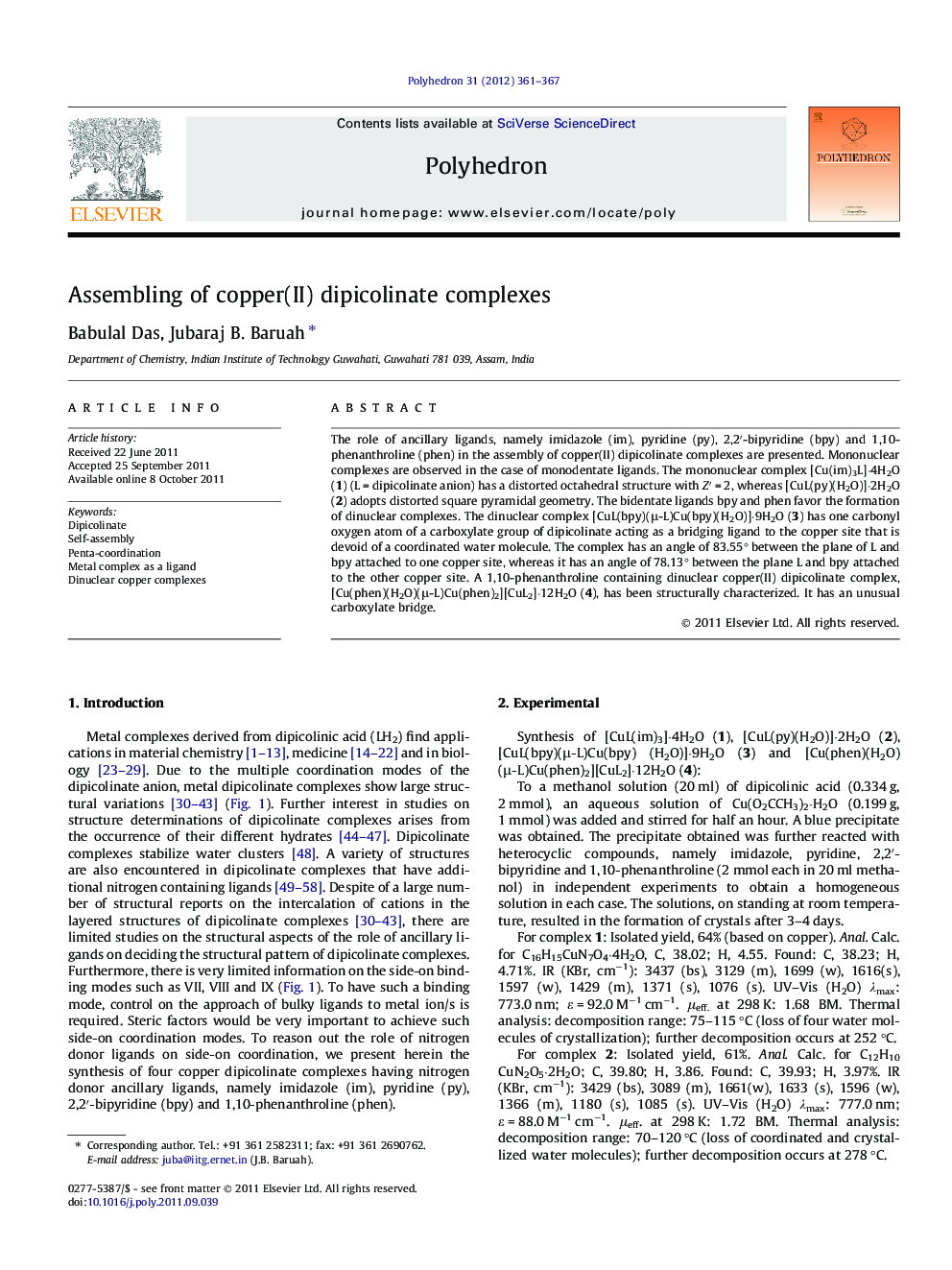 عکس صفحه اول مقاله: Assembling of copper(II) dipicolinate complexes Assembling of copper(II) dipicolinate complexes