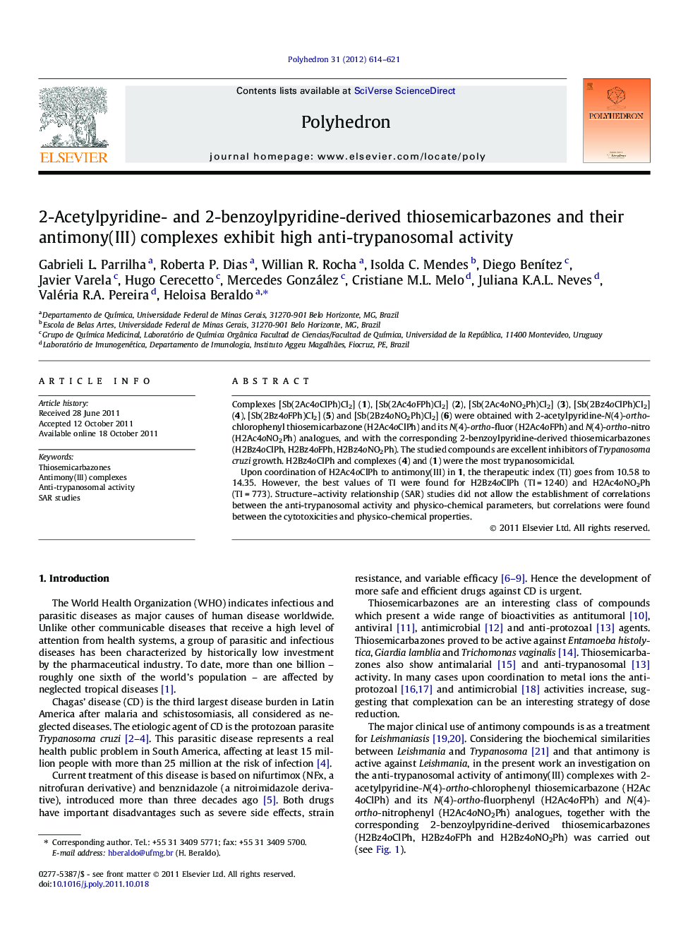 2-Acetylpyridine- and 2-benzoylpyridine-derived thiosemicarbazones and their antimony(III) complexes exhibit high anti-trypanosomal activity