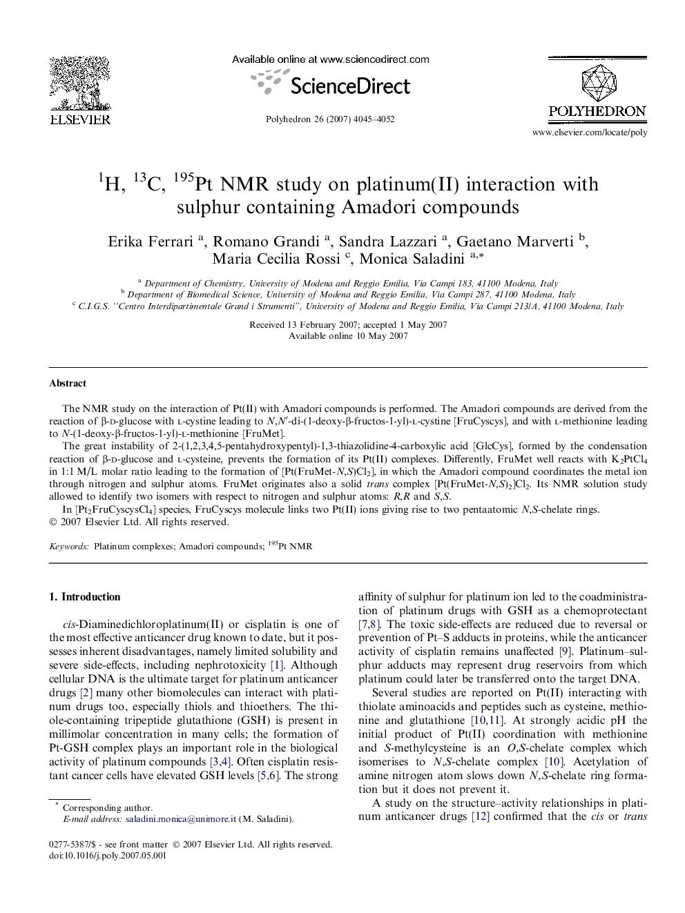 1H, 13C, 195Pt NMR study on platinum(II) interaction with sulphur containing Amadori compounds