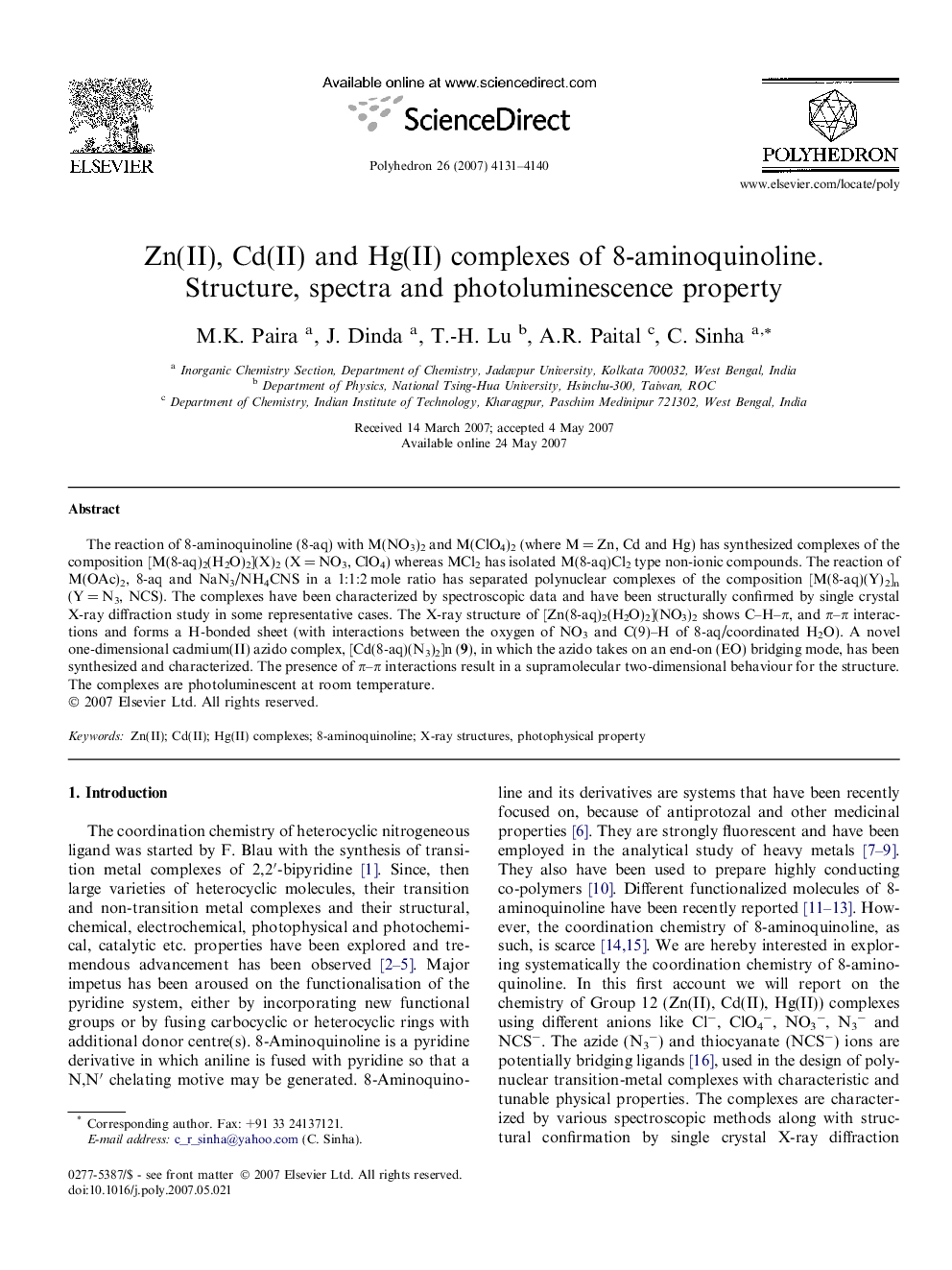 Zn(II), Cd(II) and Hg(II) complexes of 8-aminoquinoline.: Structure, spectra and photoluminescence property