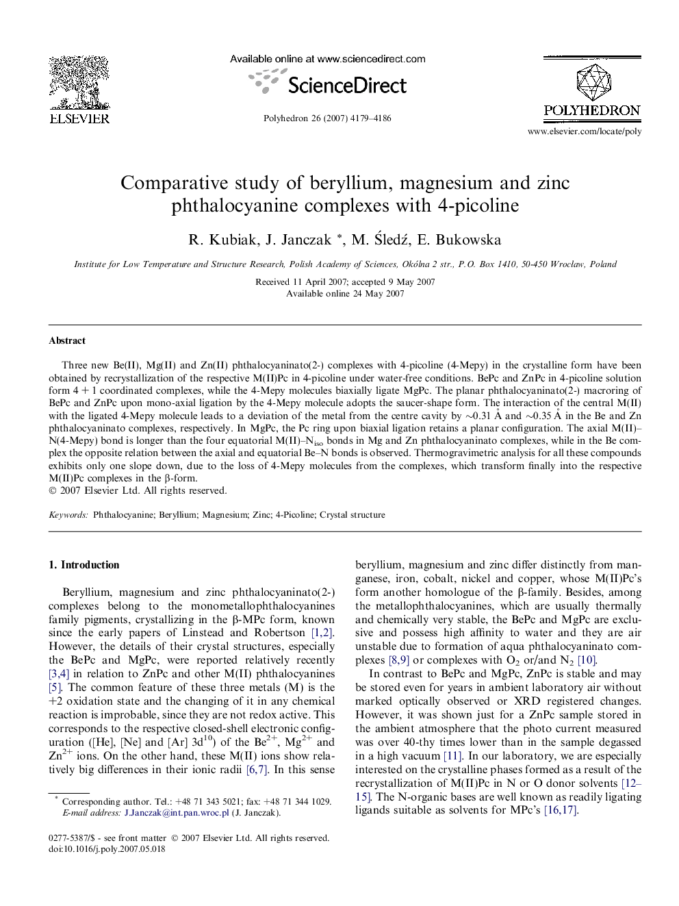 Comparative study of beryllium, magnesium and zinc phthalocyanine complexes with 4-picoline