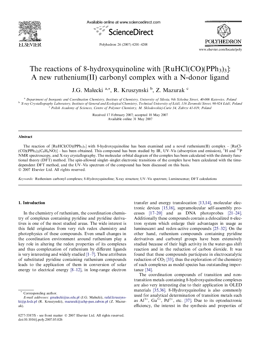 The reactions of 8-hydroxyquinoline with [RuHCl(CO)(PPh3)3]: A new ruthenium(II) carbonyl complex with a N-donor ligand