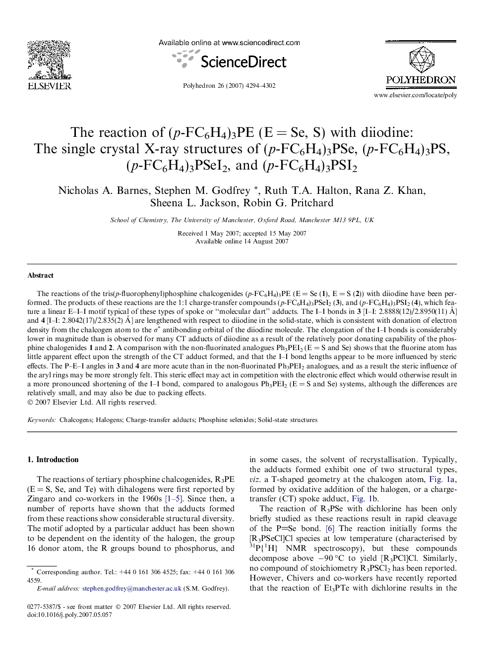The reaction of (p-FC6H4)3PE (E = Se, S) with diiodine: The single crystal X-ray structures of (p-FC6H4)3PSe, (p-FC6H4)3PS, (p-FC6H4)3PSeI2, and (p-FC6H4)3PSI2