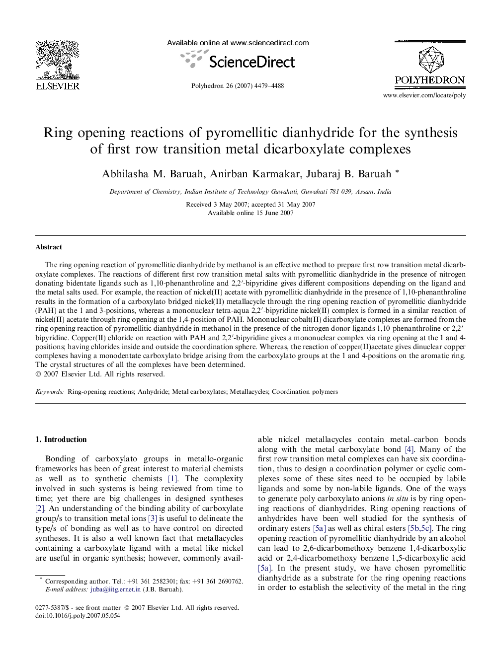 Ring opening reactions of pyromellitic dianhydride for the synthesis of first row transition metal dicarboxylate complexes