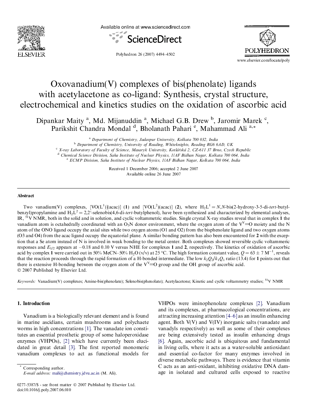 Oxovanadium(V) complexes of bis(phenolate) ligands with acetylacetone as co-ligand: Synthesis, crystal structure, electrochemical and kinetics studies on the oxidation of ascorbic acid