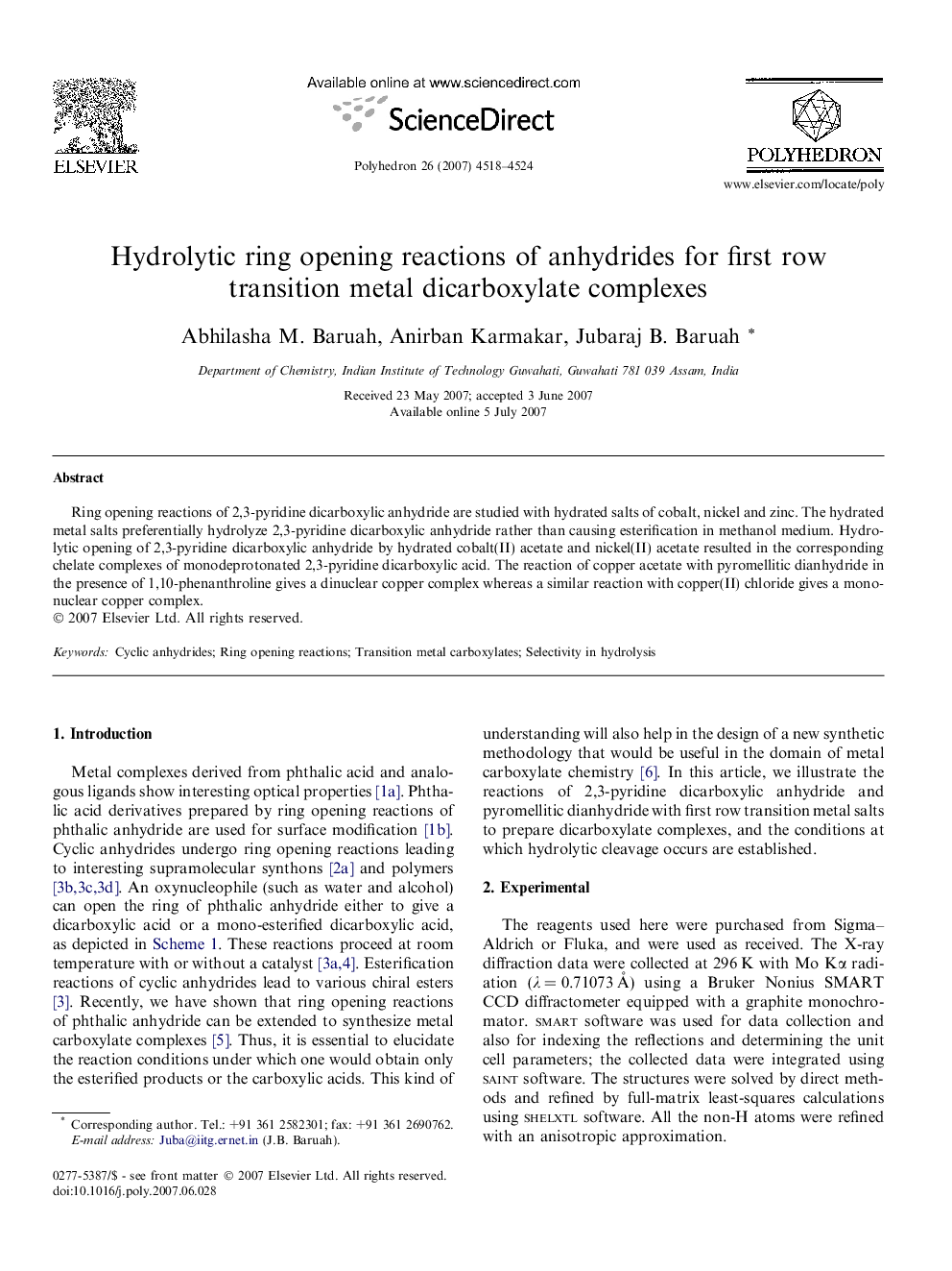 Hydrolytic ring opening reactions of anhydrides for first row transition metal dicarboxylate complexes