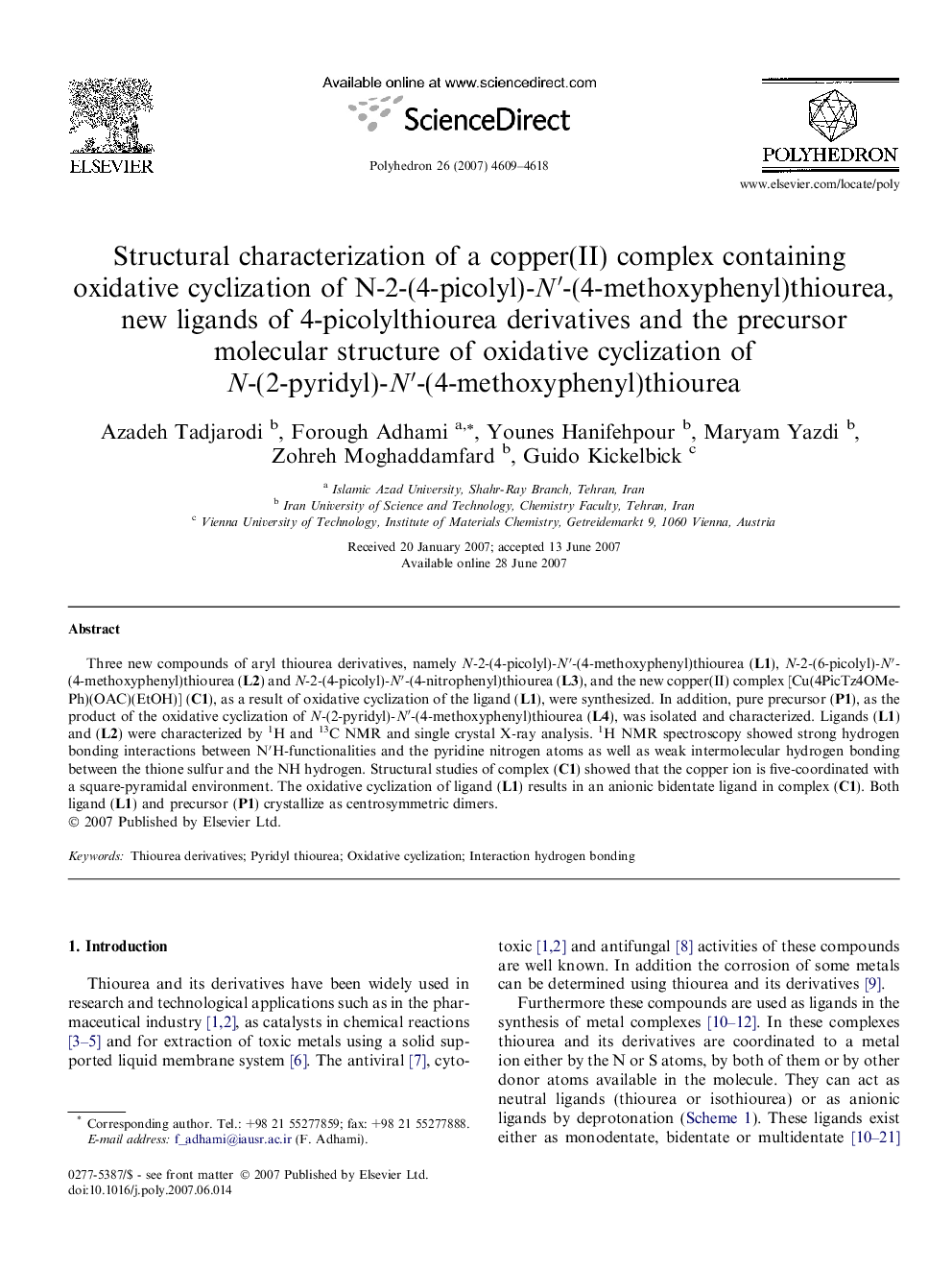 Structural characterization of a copper(II) complex containing oxidative cyclization of N-2-(4-picolyl)-N′-(4-methoxyphenyl)thiourea, new ligands of 4-picolylthiourea derivatives and the precursor molecular structure of oxidative cyclization of N-(2-pyrid