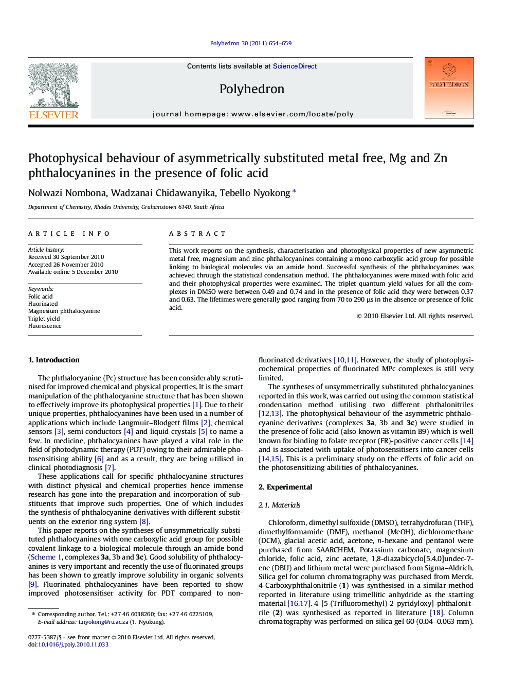 Photophysical behaviour of asymmetrically substituted metal free, Mg and Zn phthalocyanines in the presence of folic acid