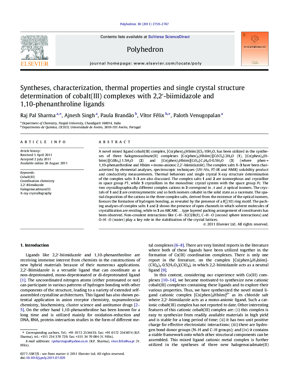 Syntheses, characterization, thermal properties and single crystal structure determination of cobalt(III) complexes with 2,2′-biimidazole and 1,10-phenanthroline ligands