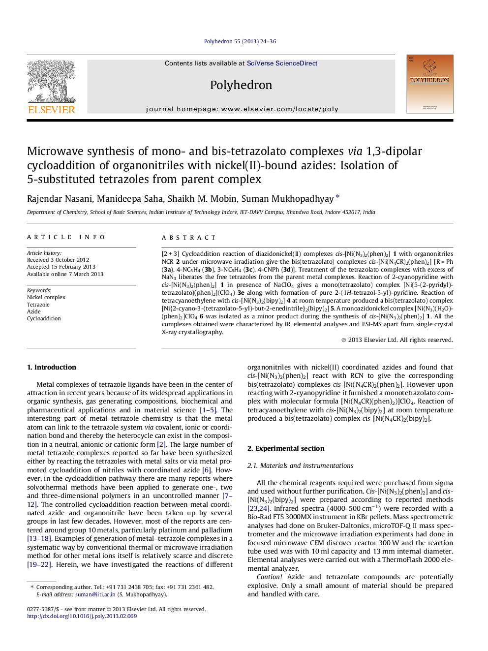 Microwave synthesis of mono- and bis-tetrazolato complexes via 1,3-dipolar cycloaddition of organonitriles with nickel(II)-bound azides: Isolation of 5-substituted tetrazoles from parent complex