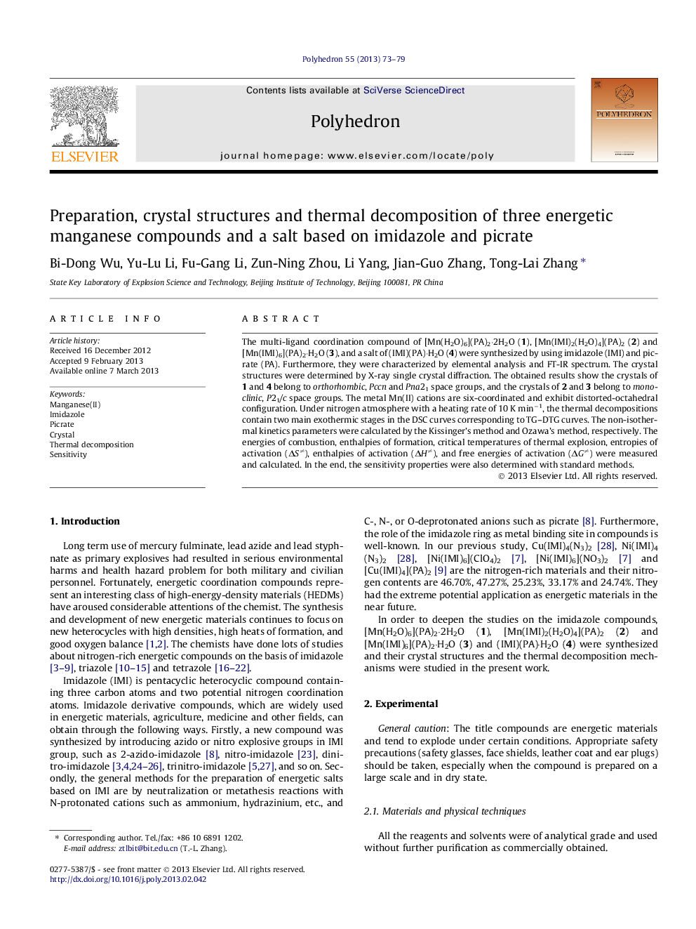 Preparation, crystal structures and thermal decomposition of three energetic manganese compounds and a salt based on imidazole and picrate