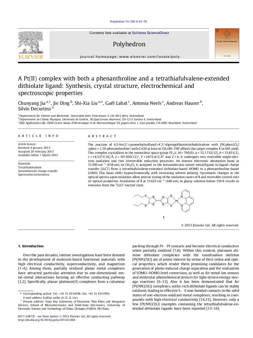 A Pt(II) complex with both a phenanthroline and a tetrathiafulvalene-extended dithiolate ligand: Synthesis, crystal structure, electrochemical and spectroscopic properties