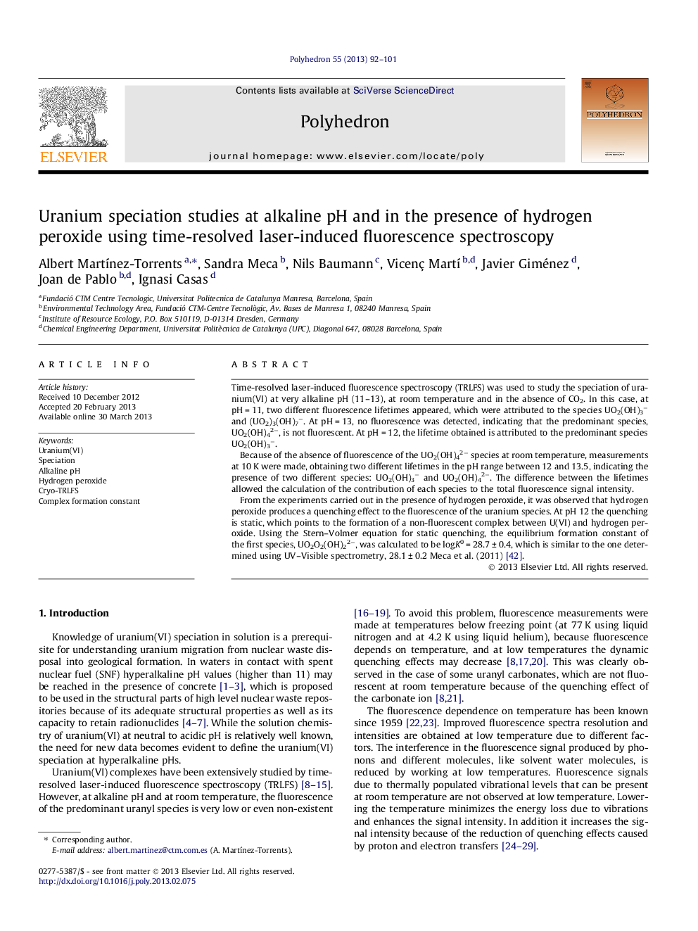 Uranium speciation studies at alkaline pH and in the presence of hydrogen peroxide using time-resolved laser-induced fluorescence spectroscopy