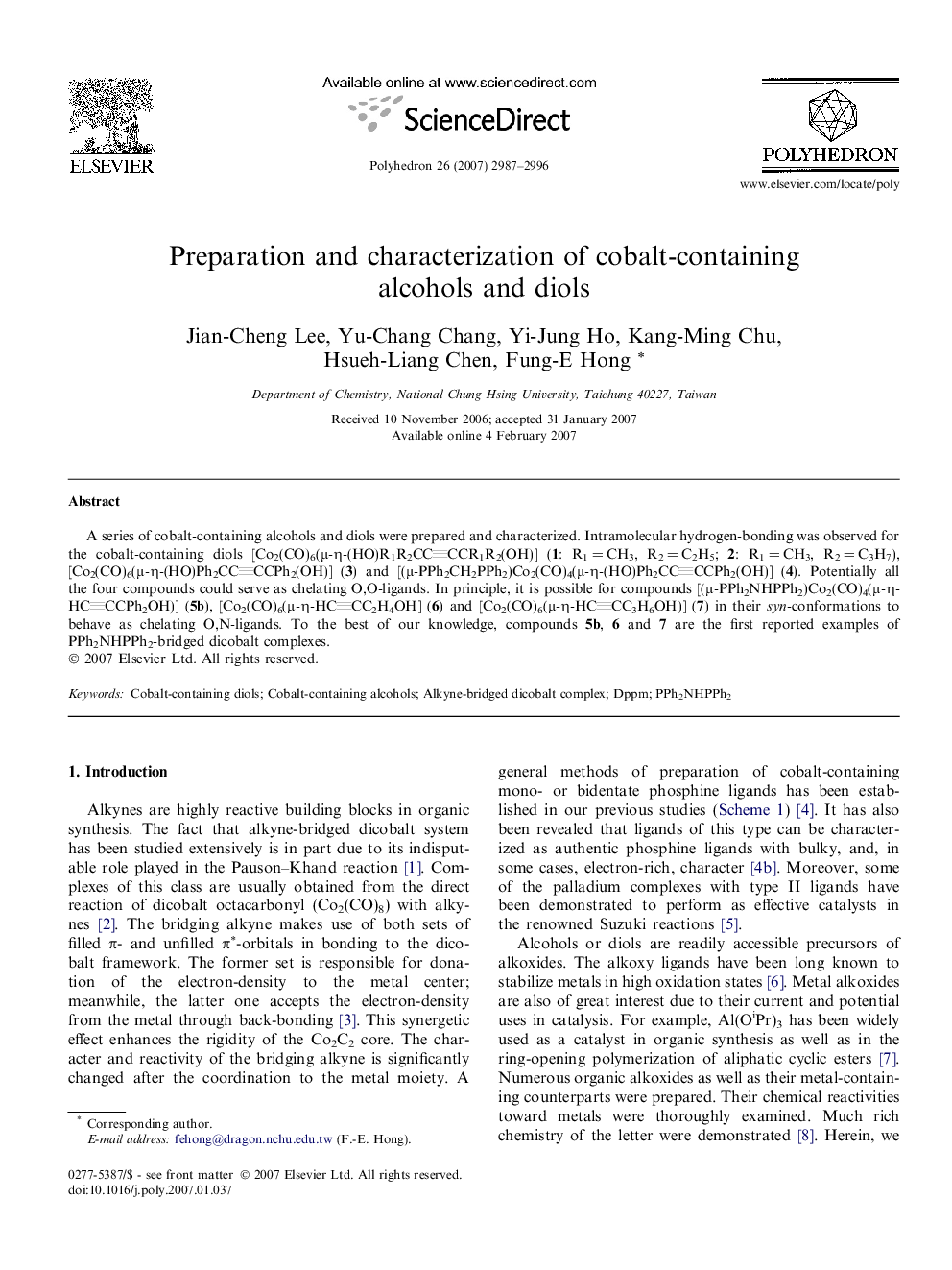 Preparation and characterization of cobalt-containing alcohols and diols