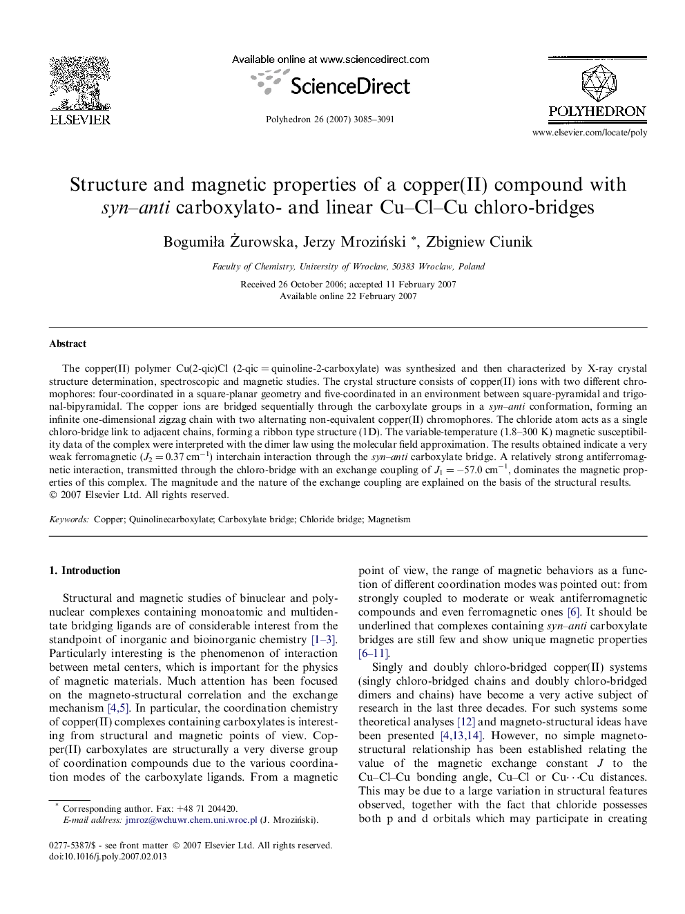 عکس صفحه اول مقاله: Structure and magnetic properties of a copper(II) compound with syn–anti carboxylato- and linear Cu–Cl–Cu chloro-bridges Structure and magnetic properties of a copper(II) compound with syn–anti carboxylato- and linear Cu–Cl–Cu chloro-bridges