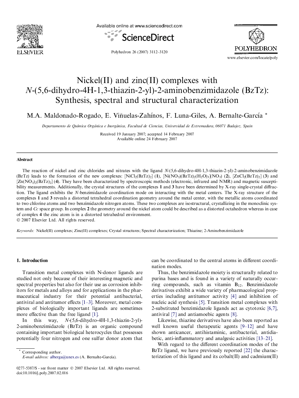 Nickel(II) and zinc(II) complexes with N-(5,6-dihydro-4H-1,3-thiazin-2-yl)-2-aminobenzimidazole (BzTz): Synthesis, spectral and structural characterization