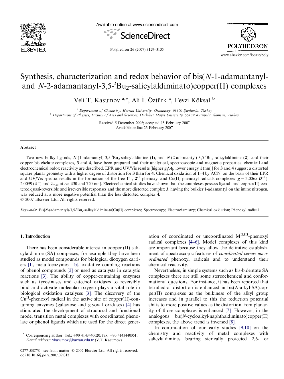 Synthesis, characterization and redox behavior of bis(N-1-adamantanyl- and N-2-adamantanyl-3,5-tBu2-salicylaldiminato)copper(II) complexes