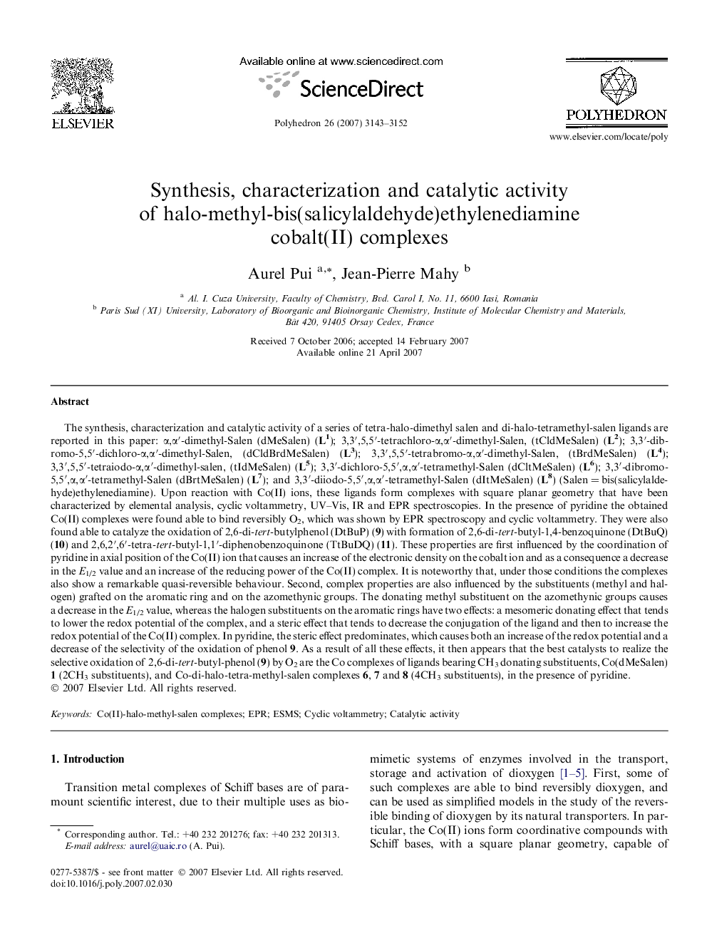 Synthesis, characterization and catalytic activity of halo-methyl-bis(salicylaldehyde)ethylenediamine cobalt(II) complexes